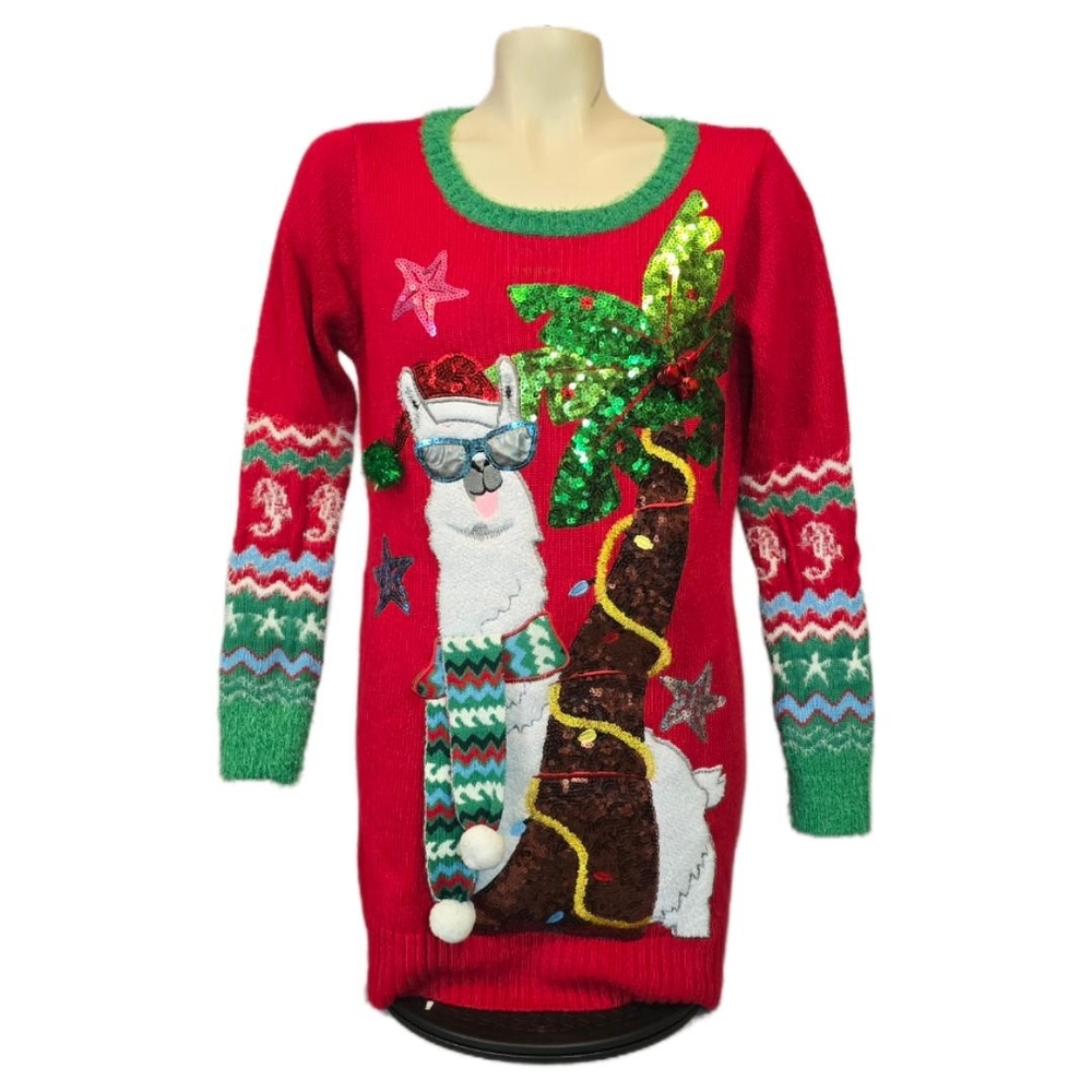 Red Holiday Llama Sequin Sweater Dress -‎ Unbranded